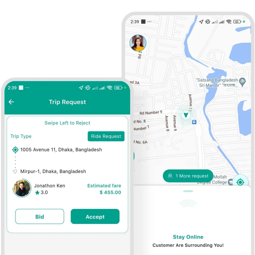 Recursos de pesquisa e solicitação de viagem do aplicativo Mobur Driver