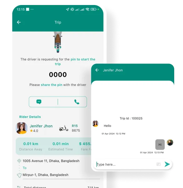 Bate-papo do aplicativo do usuário Mobur com recursos de driver