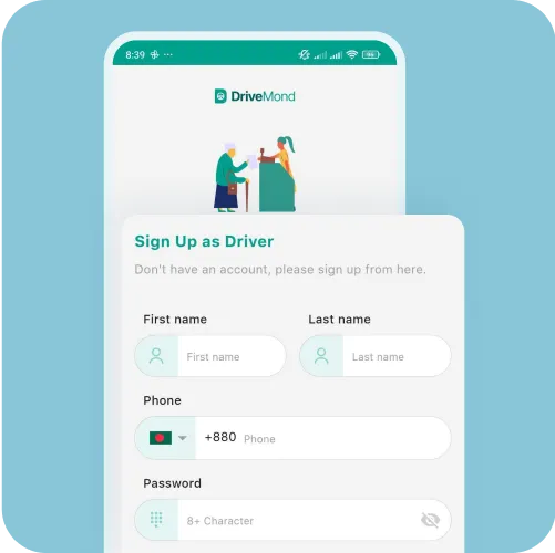 Recursos de registro de conta do aplicativo Mobur Driver