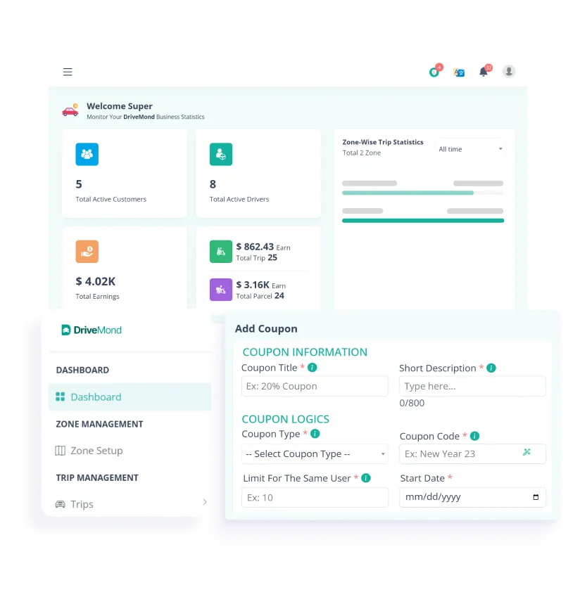 Software de gerenciamento de viagem programada - Painel de administração